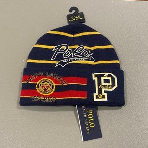 POLO RALPH LAUREN Men's Collegiate Patchwork Beanie Hat Skull Watch Ski Cap NAVY
